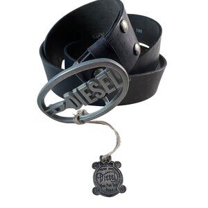 New RARE 90s Diesel D LOGO Size 80 US 32 Black Leather Antique Silver Italy NWOT